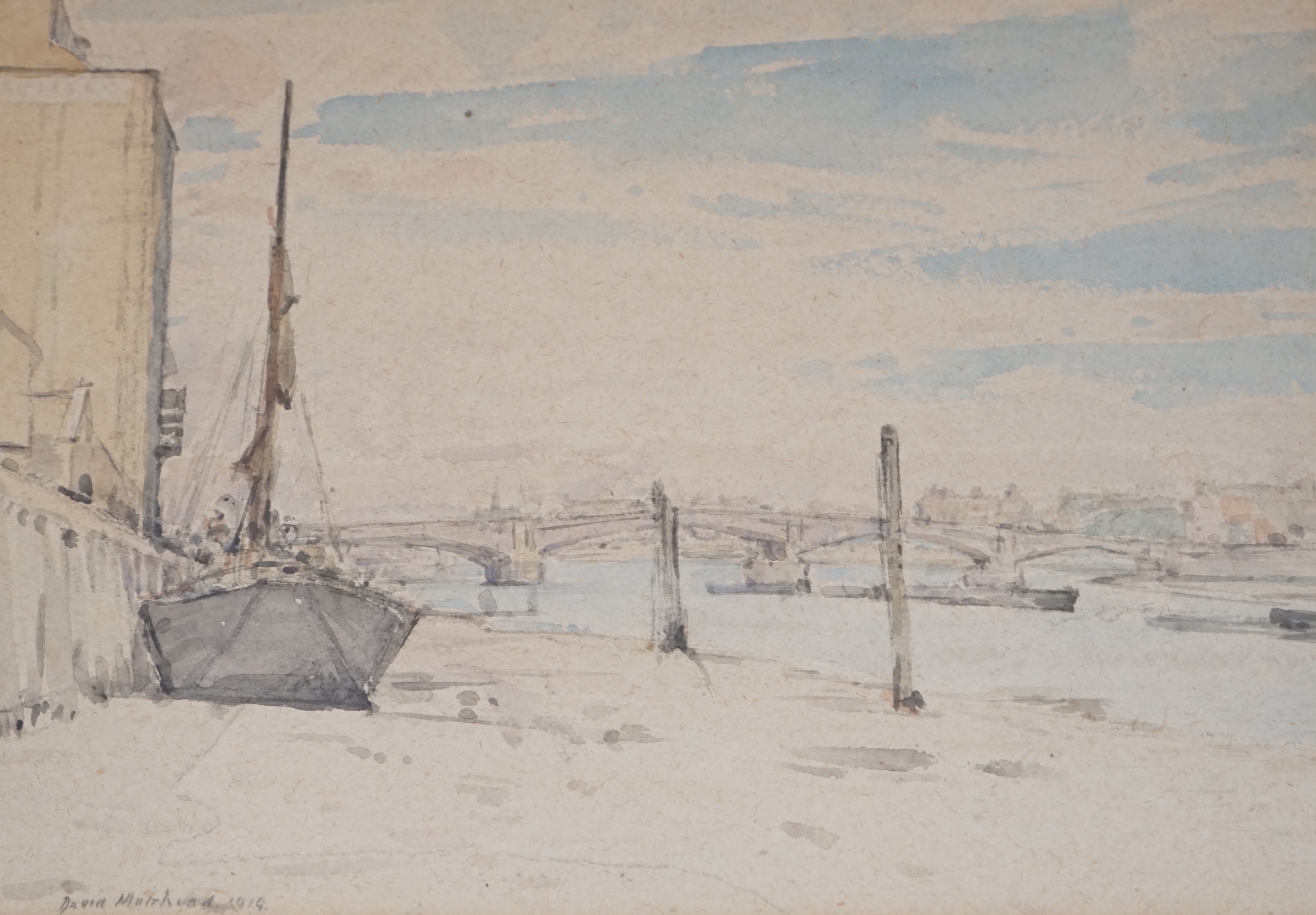 David Muirhead, ARA, (1876-1930), watercolour, Waterloo Bridge, signed and dated 1919, exhibition gallery label verso, 26 x 37cm